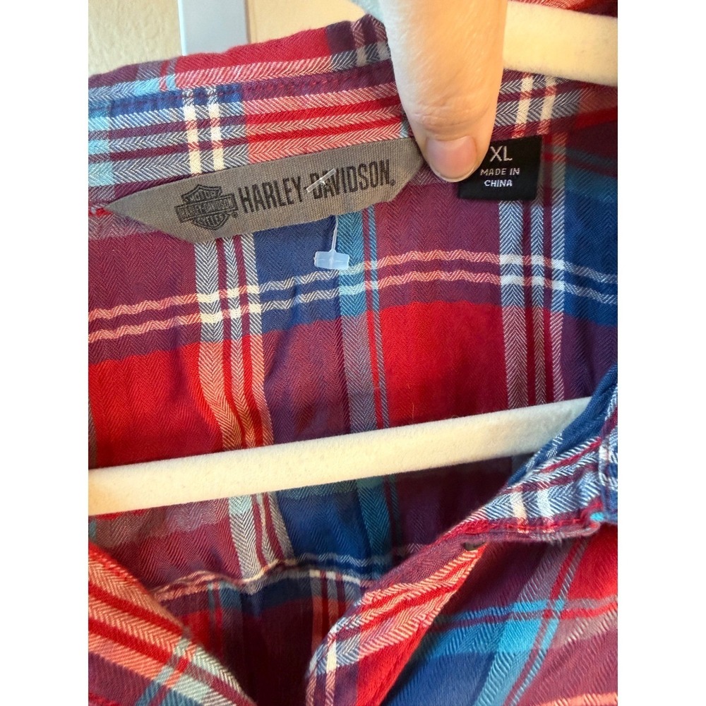 Harley-Davidson Womens XL Plaid Short Sleeve Button Up Shirt Red Blue Rayon - Picture 3 of 8